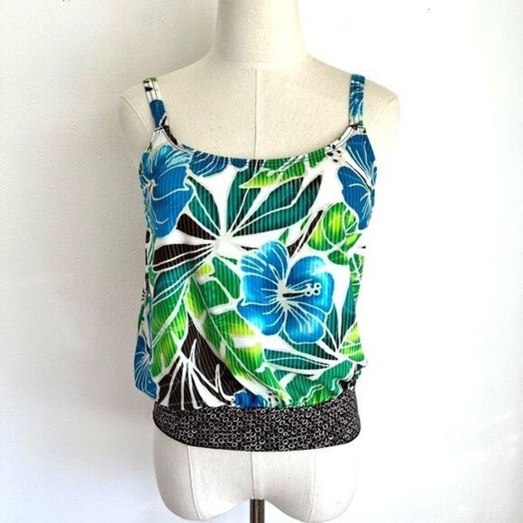 Kim Rogers Tropical Leaf Tankini Swimsuit Top Size Medium Green Blue Brown - Picture 1 of 12